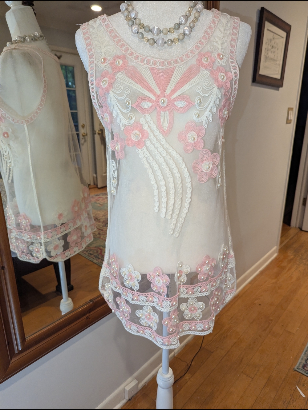 Sheer Embroidered Floral Tank with Pink Appliqué
